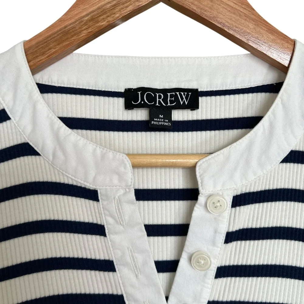 J.Crew Navy Blue Striped Rubbed Puff Sleeve Henley Blouse SZ M Nautical Coastal